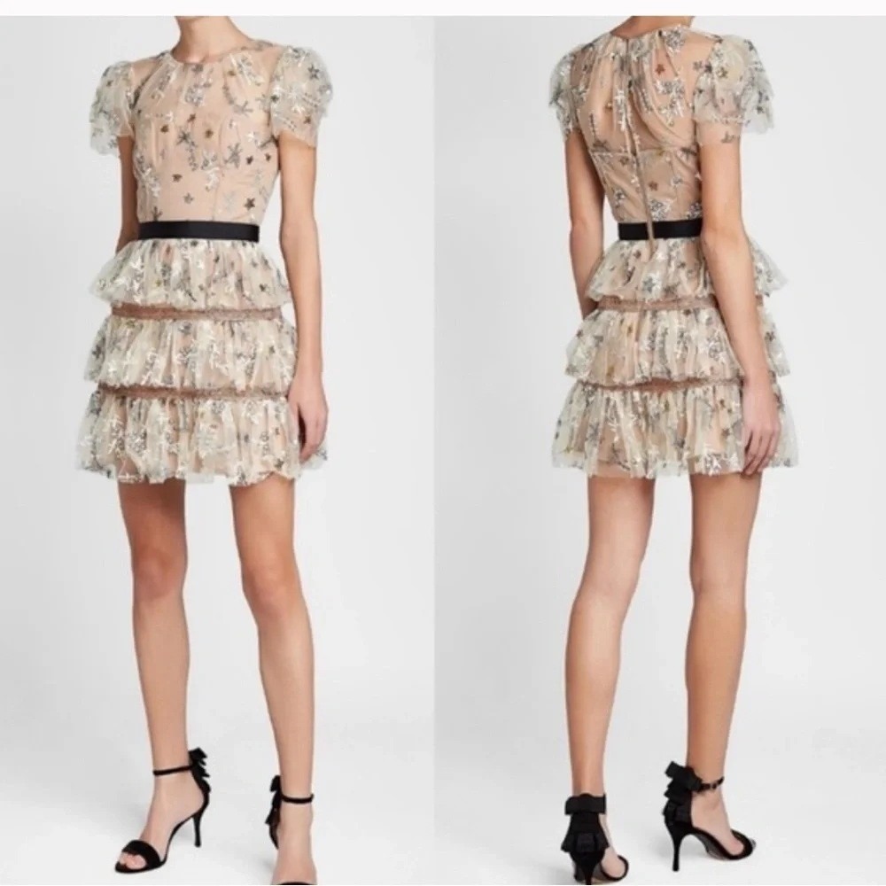 Self-Portrait Star Mesh Tiered Dress Size 8 Nude Embroidered Sequin Tulle Mini